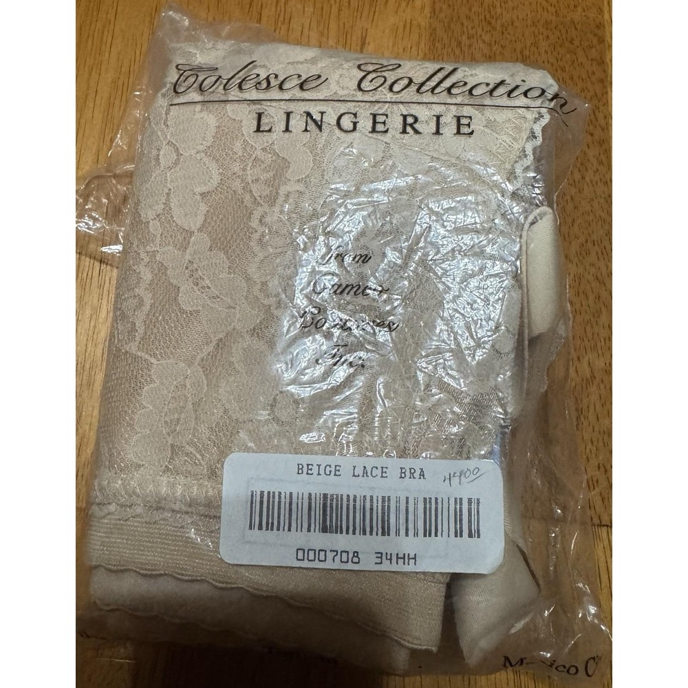 Vtg NOS 34HH #708 Cameo Coutures Bullet BRA Beige Lace Torpedo Cone Wireless GH1